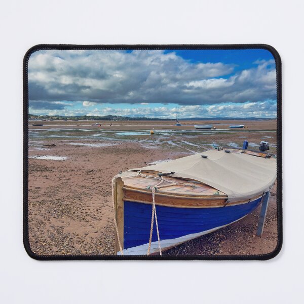 Item preview, Blue Wooden Boat at Low Tide in Exmouth | Devon Coast Photography designed and sold by leonwoods.