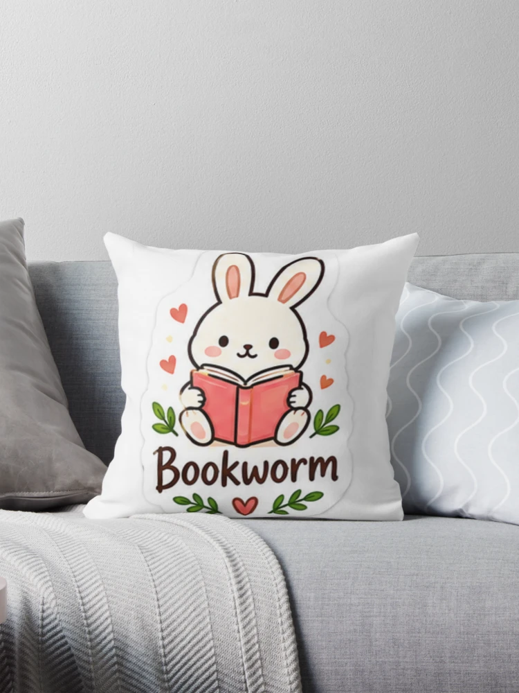 Thumbnail 1 of 4, Pillow, Bookworm Sticker – Cute Reading Rabbit Book Lover Sticker designed and sold by LearnFunStore.