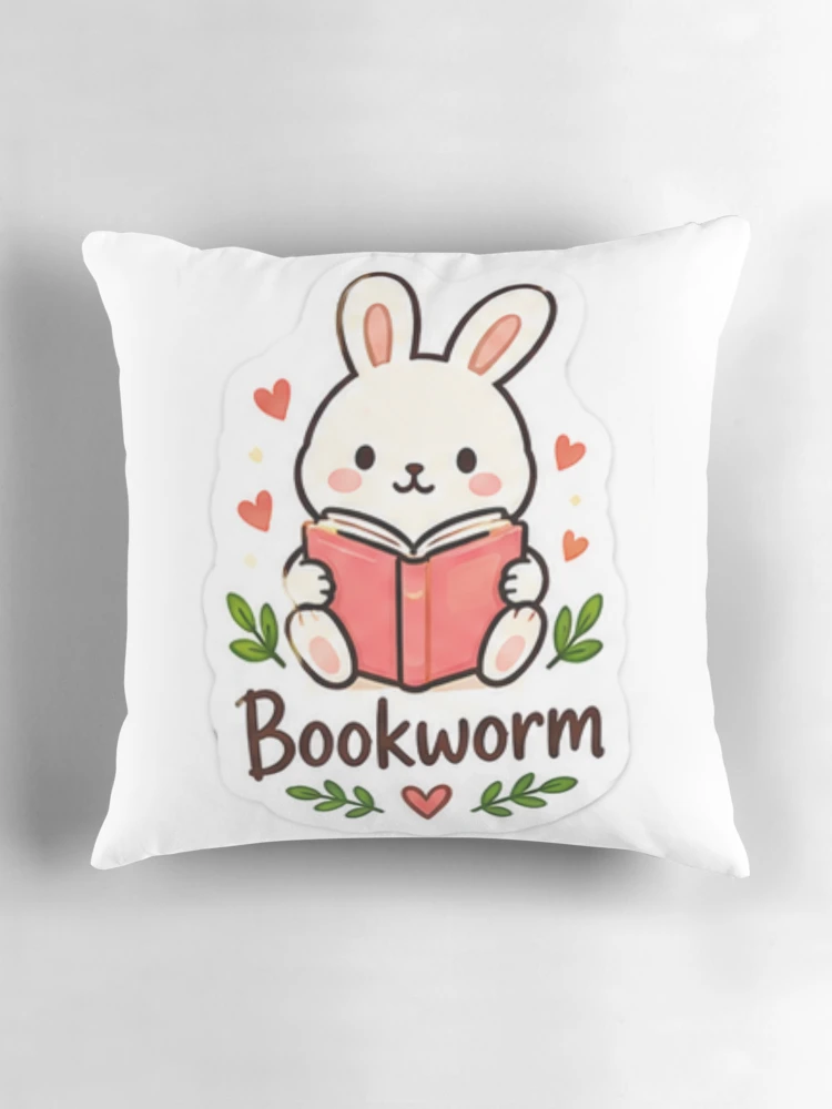 Thumbnail 3 of 4, Pillow, Bookworm Sticker – Cute Reading Rabbit Book Lover Sticker designed and sold by LearnFunStore.
