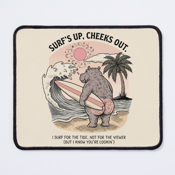 Item preview, Funny Surfing Hippo Retro Beach Scene Surfs Up Cheeks Out designed and sold by Amir Faysal.
