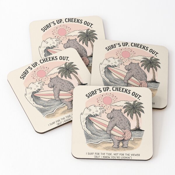 Item preview, Funny Surfing Hippo Retro Beach Scene Surfs Up Cheeks Out designed and sold by Amir Faysal.
