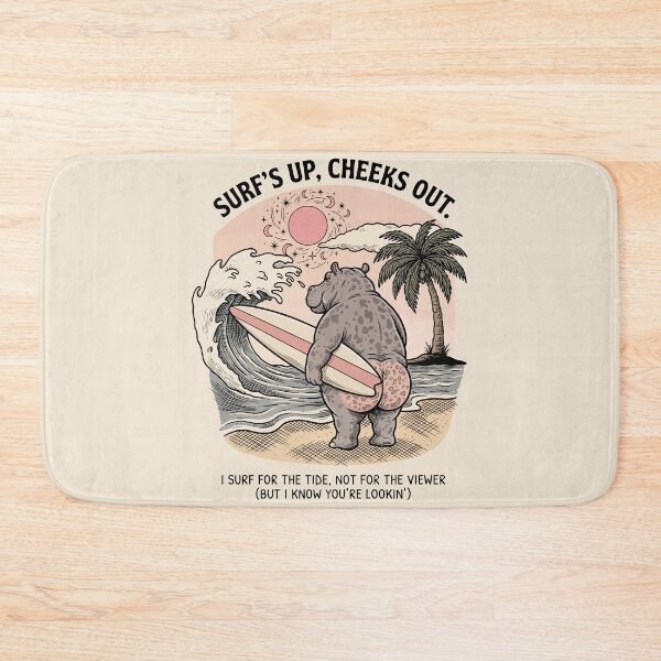 Item preview, Funny Surfing Hippo Retro Beach Scene Surfs Up Cheeks Out designed and sold by Amir Faysal.