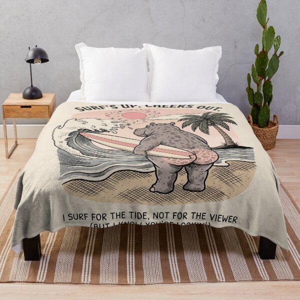 Item preview, Funny Surfing Hippo Retro Beach Scene Surfs Up Cheeks Out designed and sold by Amir Faysal.