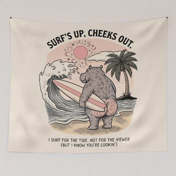 Item preview, Funny Surfing Hippo Retro Beach Scene Surfs Up Cheeks Out designed and sold by Amir Faysal.