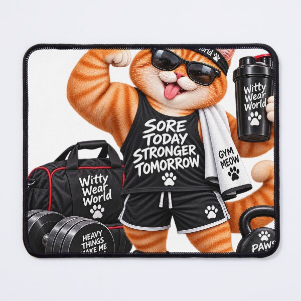 Item preview, Sore Today, Stronger Tomorrow – Funny Gym Cat Design designed and sold by WittyWearWorld.