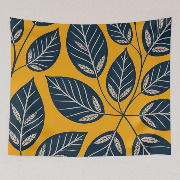 Item preview, Mustard Yellow and Navy Botanical Leaf Pattern designed and sold by NatArtSA.