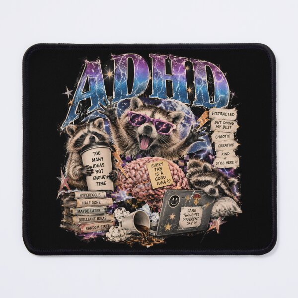 Item preview, ADHD Raccoon Chaos - Distracted But Doing My Best Funny Collage designed and sold by Neurospicy Trolls.