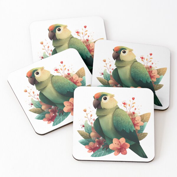 Item preview, Tropical Green Parrot and Flowers – Botanical Bird Art designed and sold by ArtFairy38.