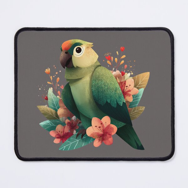 Item preview, Tropical Green Parrot and Flowers – Botanical Bird Art designed and sold by ArtFairy38.