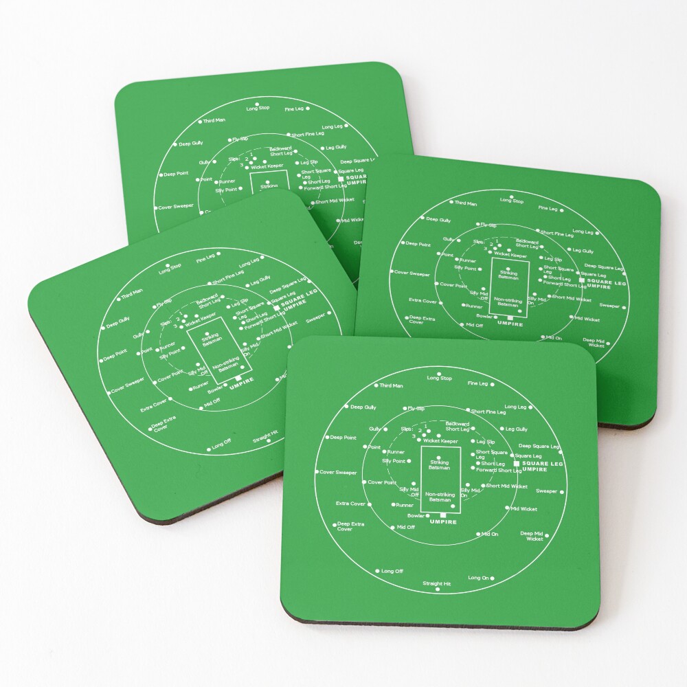 CRICKET PITCH POSITIONS- Fielding Positions Diagram Coasters (Set of 4)