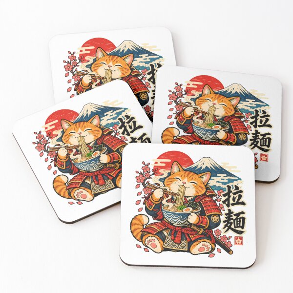 Item preview, Samurai Cat Eating Ramen Bowl Japan Fan designed and sold by chattsuede.