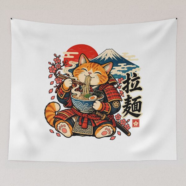 Item preview, Samurai Cat Eating Ramen Bowl Japan Fan designed and sold by chattsuede.