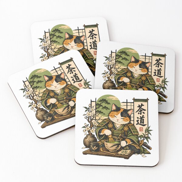Item preview, Samurai Cat Ukiyo-e Matcha Japanese Fan designed and sold by chattsuede.