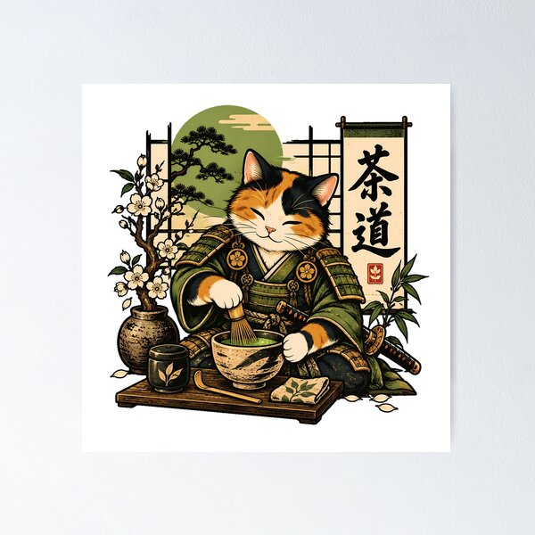 Item preview, Samurai Cat Ukiyo-e Matcha Japanese Fan designed and sold by chattsuede.