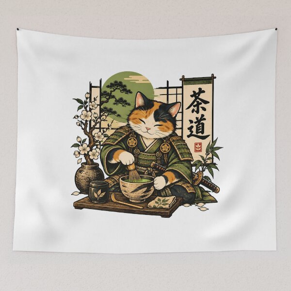 Item preview, Samurai Cat Ukiyo-e Matcha Japanese Fan designed and sold by chattsuede.