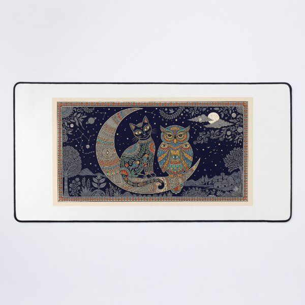 Item preview, Midnight Companions - Cat and Owl on Crescent Moon Madhubani Art designed and sold by robertronda1.
