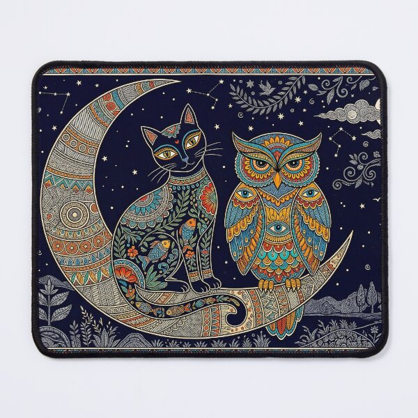 Item preview, Midnight Companions - Cat and Owl on Crescent Moon Madhubani Art designed and sold by robertronda1.