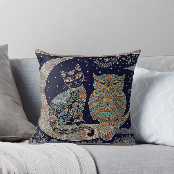 Item preview, Midnight Companions - Cat and Owl on Crescent Moon Madhubani Art designed and sold by robertronda1.