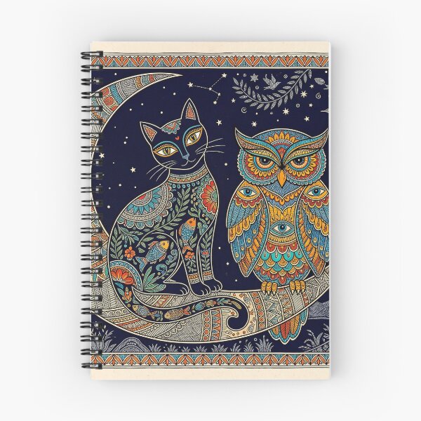 Item preview, Midnight Companions - Cat and Owl on Crescent Moon Madhubani Art designed and sold by robertronda1.