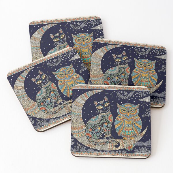Item preview, Midnight Companions - Cat and Owl on Crescent Moon Madhubani Art designed and sold by robertronda1.