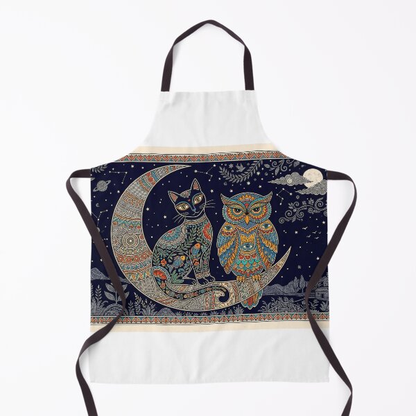 Item preview, Midnight Companions - Cat and Owl on Crescent Moon Madhubani Art designed and sold by robertronda1.