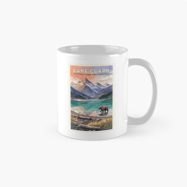 Aperçu de l'œuvre Parc national du lac Clark, Alaska, aquarelle vintage de voyage créée et vendue par Teelogic.