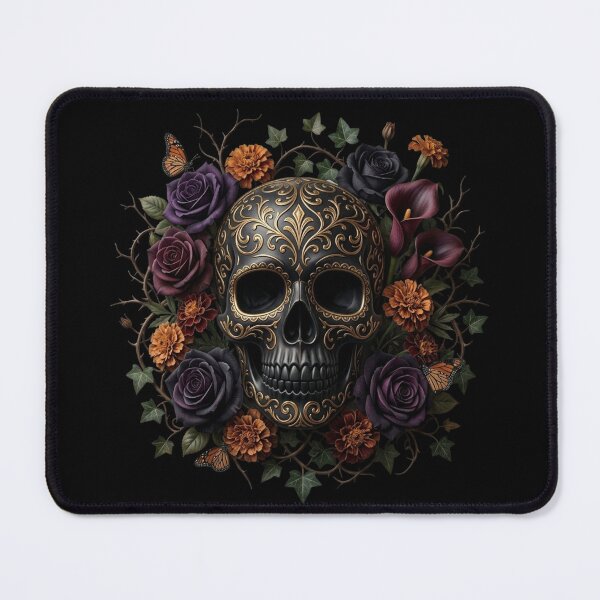 Item preview, Ornate Black Gold Sugar Skull Dark Floral Roses designed and sold by PMTaurus.