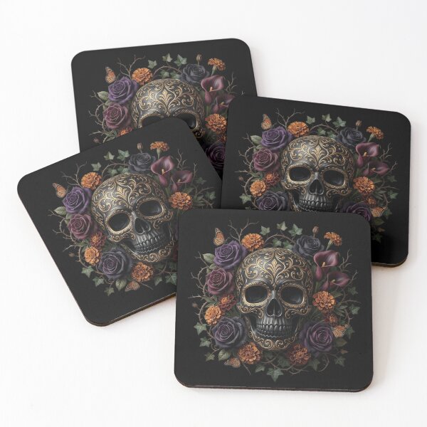 Item preview, Ornate Black Gold Sugar Skull Dark Floral Roses designed and sold by PMTaurus.