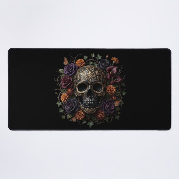 Item preview, Ornate Black Gold Sugar Skull Dark Floral Roses designed and sold by PMTaurus.