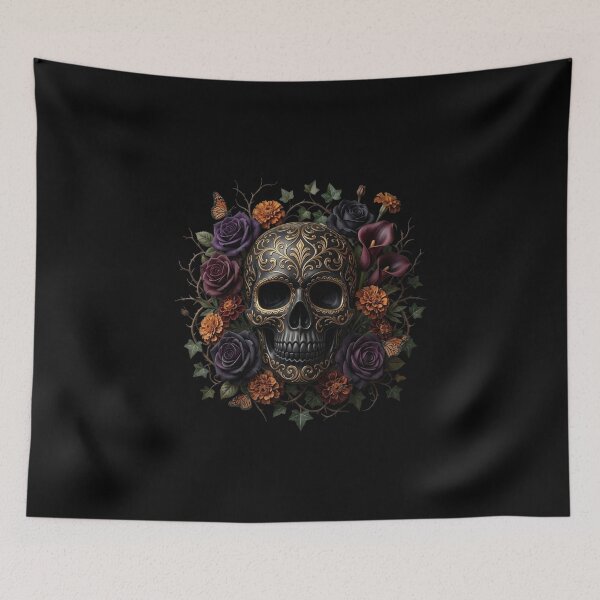 Item preview, Ornate Black Gold Sugar Skull Dark Floral Roses designed and sold by PMTaurus.