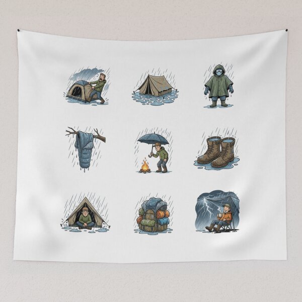 Item preview, Funny Rainy Camping Storm Survival Weather Hiking Humor Sticker Sheet designed and sold by mood-draftsman.