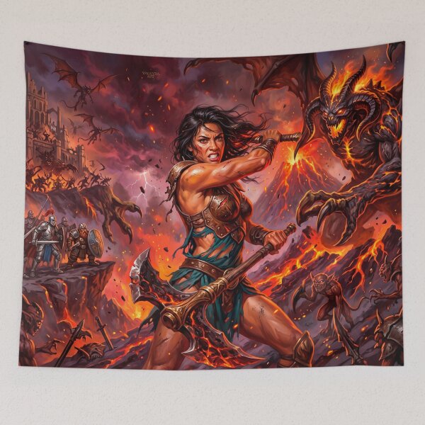 Item preview, Epic Fantasy Warrior vs Demon – Apocalyptic Hellscape Battle Art designed and sold by VALKYRAART53.