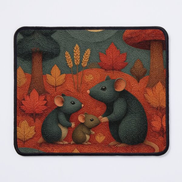 Item preview, two small mice and one large rat gathered together in a cozy autumn woodland setting designed and sold by 123ks.