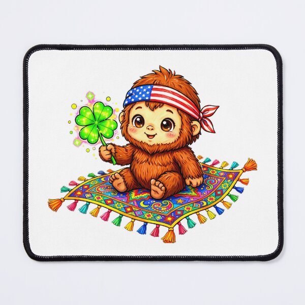 Item preview, Lucky Baby Bigfoot on Magic Flying Carpet - Cute Sasquatch Holding Four Leaf Clover Flying in Sky - Vivid Watercolor Good Luck Sticker designed and sold by HoMya.