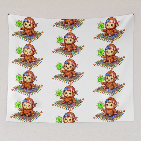 Item preview, Lucky Baby Bigfoot on Magic Flying Carpet - Cute Sasquatch Holding Four Leaf Clover Flying in Sky - Vivid Watercolor Good Luck Sticker designed and sold by HoMya.