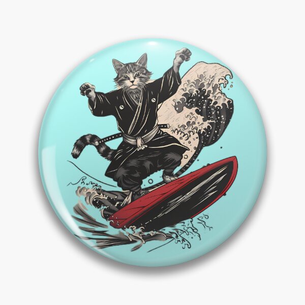 Aperçu de l'œuvre Chat samouraï surfant sur une grande vague créée et vendue par Structure-Blue.