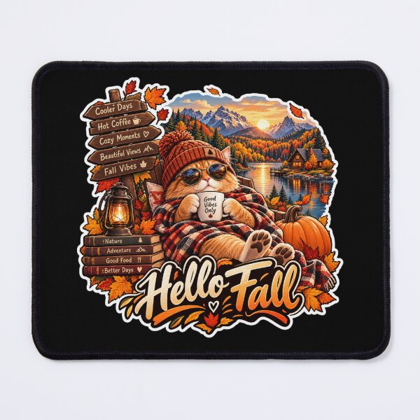 Item preview, Hello Fall – Cozy Autumn Cat & Mountain Lake designed and sold by SilverLook48.