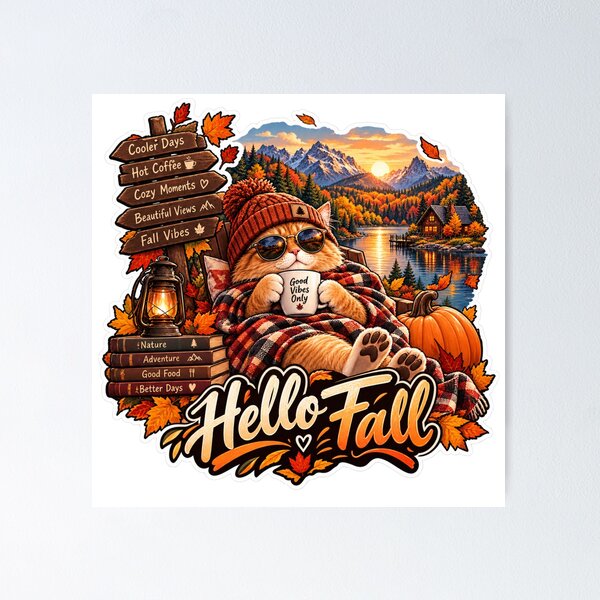 Item preview, Hello Fall – Cozy Autumn Cat & Mountain Lake designed and sold by SilverLook48.