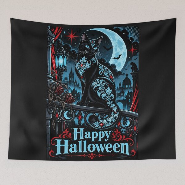 Item preview, Damask Black & Ice Blue Cat - Happy Halloween designed and sold by DesignsByPrnces.