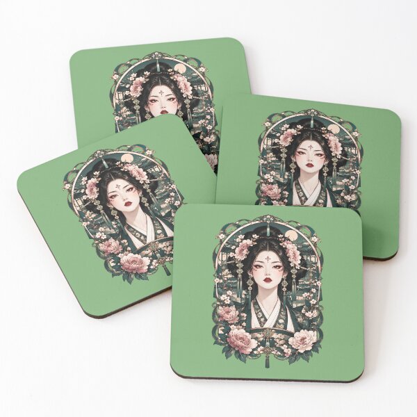 Item preview, Japanese Geisha Art Nouveau Jade Pink Peony Beauty designed and sold by BorgSpareParts.