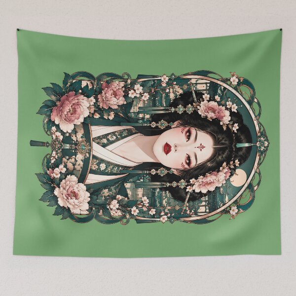 Item preview, Japanese Geisha Art Nouveau Jade Pink Peony Beauty designed and sold by BorgSpareParts.