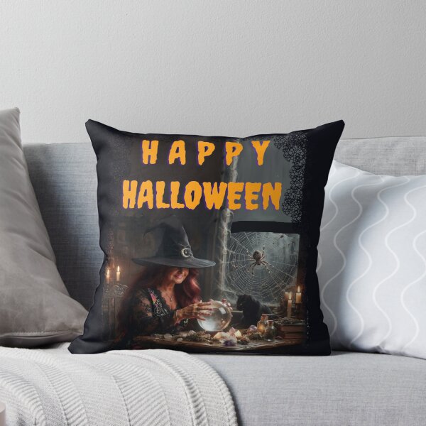 Item preview, Happy Halloween – Spooky Witch with Crystal Ball and Black Cat Retro Art designed and sold by Evelashop.