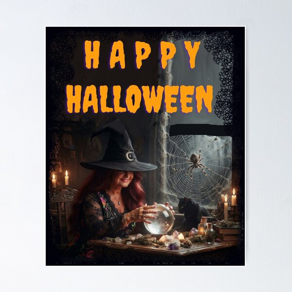 Item preview, Happy Halloween – Spooky Witch with Crystal Ball and Black Cat Retro Art designed and sold by Evelashop.