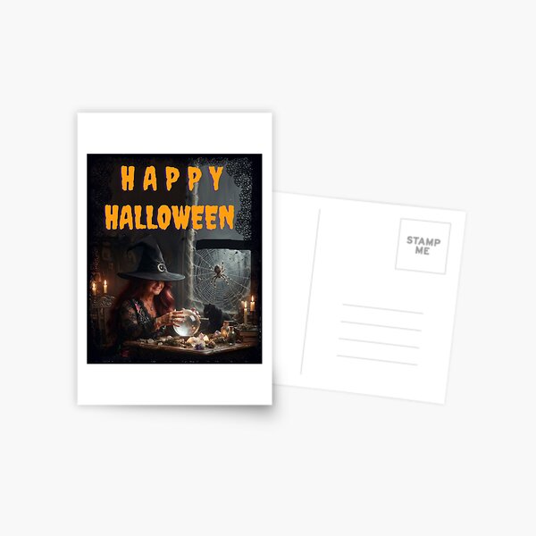 Item preview, Happy Halloween – Spooky Witch with Crystal Ball and Black Cat Retro Art designed and sold by Evelashop.