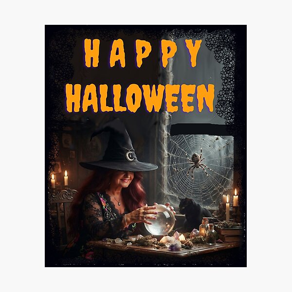 Item preview, Happy Halloween – Spooky Witch with Crystal Ball and Black Cat Retro Art designed and sold by Evelashop.