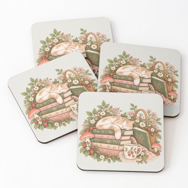 Item preview, Sleepy Cat On Cottagecore Books with Strawberries and Mushrooms designed and sold by Everwood Art Studio.
