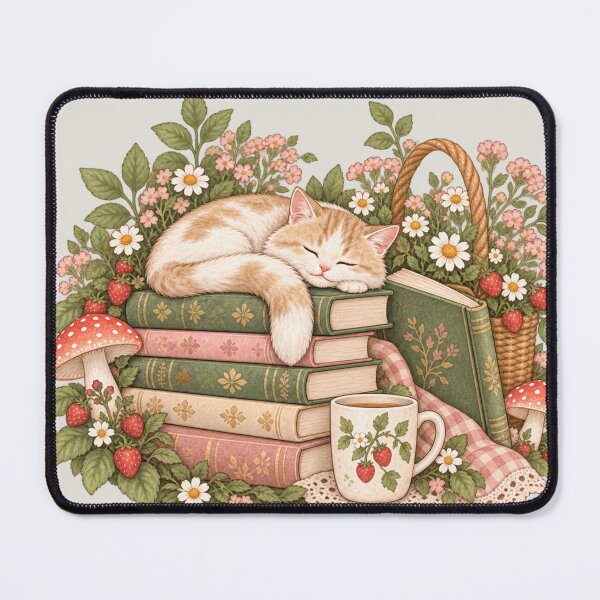 Item preview, Sleepy Cat On Cottagecore Books with Strawberries and Mushrooms designed and sold by Everwood Art Studio.