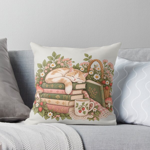 Item preview, Sleepy Cat On Cottagecore Books with Strawberries and Mushrooms designed and sold by Everwood Art Studio.