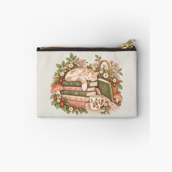 Item preview, Sleepy Cat On Cottagecore Books with Strawberries and Mushrooms designed and sold by Everwood Art Studio.