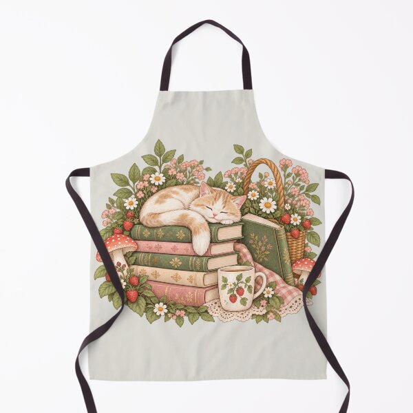 Item preview, Sleepy Cat On Cottagecore Books with Strawberries and Mushrooms designed and sold by Everwood Art Studio.